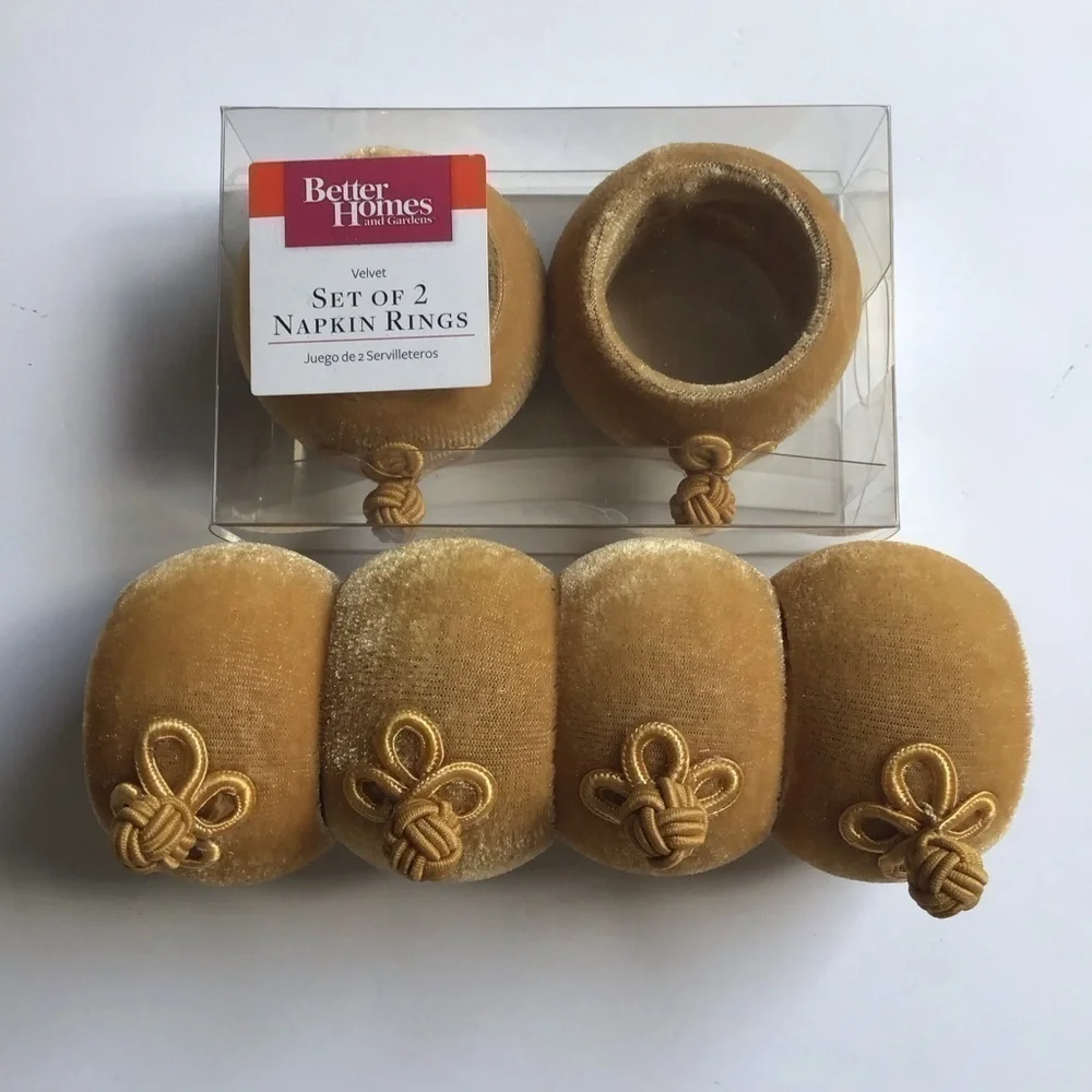 Better Homes & Gardens SET OF 6 Tan Gold Velvet Asian Knot Round Napkin Rings